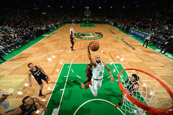 BOSTON, MA - DECEMBER 28: Derrick White #9 of the Boston Celtics drives to the basket during the game against the Detroit Pistons on December 28, 2023 at the TD Garden in Boston, Massachusetts. NOTE TO USER: User expressly acknowledges and agrees that, by downloading and or using this photograph, User is consenting to the terms and conditions of the Getty Images License Agreement. Mandatory Copyright Notice: Copyright 2023 NBAE  (Photo by Brian Babineau/NBAE via Getty Images)