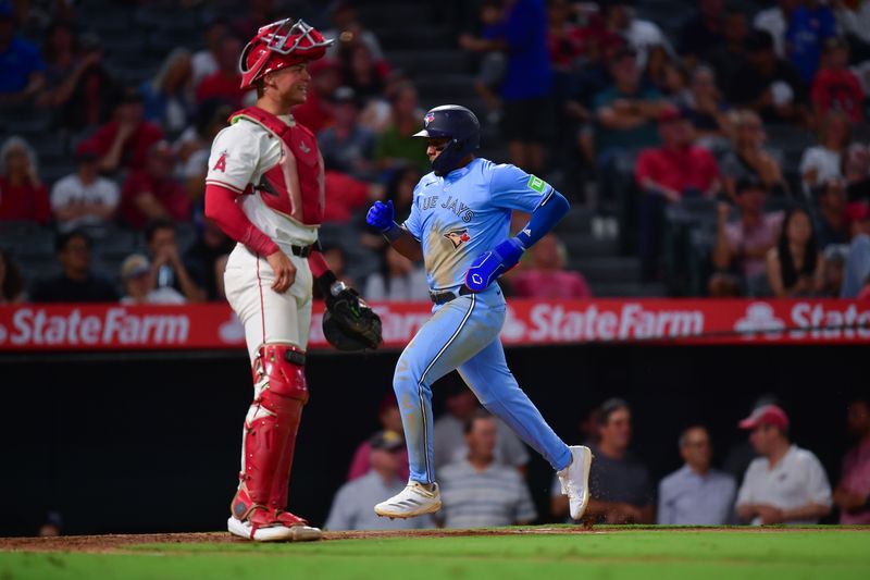 Aug 13, 2024; Anaheim, California, USA; Toronto Blue Jays shortstop Leo Jimenez (49) scores a run ahead of Los Angeles Angels catcher Logan O'Hoppe (14) during the eighth inning at Angel Stadium. Mandatory Credit: Gary A. Vasquez-USA TODAY Sports