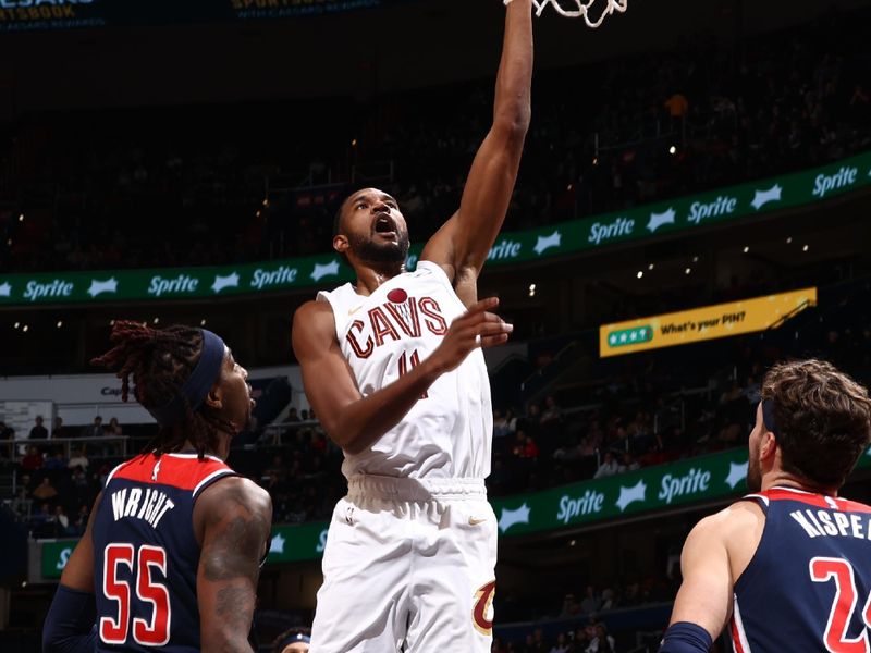 WASHINGTON, DC -? FEBRUARY 7: Evan Mobley #4 of the Cleveland Cavaliers drives to the basket during the game against the Washington Wizards on February 7, 2024 at Capital One Arena in Washington, DC. NOTE TO USER: User expressly acknowledges and agrees that, by downloading and or using this Photograph, user is consenting to the terms and conditions of the Getty Images License Agreement. Mandatory Copyright Notice: Copyright 2024 NBAE (Photo by Kenny Giarla/NBAE via Getty Images)