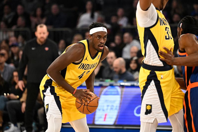 NEW YORK, NY - FEBRUARY 10: Pascal Siakam #43 of the Indiana Pacers looks to pass the ball during the game against the New York Knicks on February 10, 2024 at Madison Square Garden in New York City, New York.  NOTE TO USER: User expressly acknowledges and agrees that, by downloading and or using this photograph, User is consenting to the terms and conditions of the Getty Images License Agreement. Mandatory Copyright Notice: Copyright 2024 NBAE  (Photo by David Dow/NBAE via Getty Images)