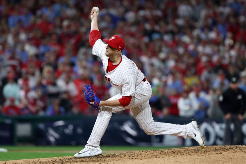 Oct 24, 2023; Philadelphia, Pennsylvania, USA; Philadelphia Phillies relief pitcher Jeff Hoffman (68) throws a pitch against the Arizona Diamondbacks in the fifth inning for game seven of the NLCS for the 2023 MLB playoffs at Citizens Bank Park. Mandatory Credit: Bill Streicher-USA TODAY Sports