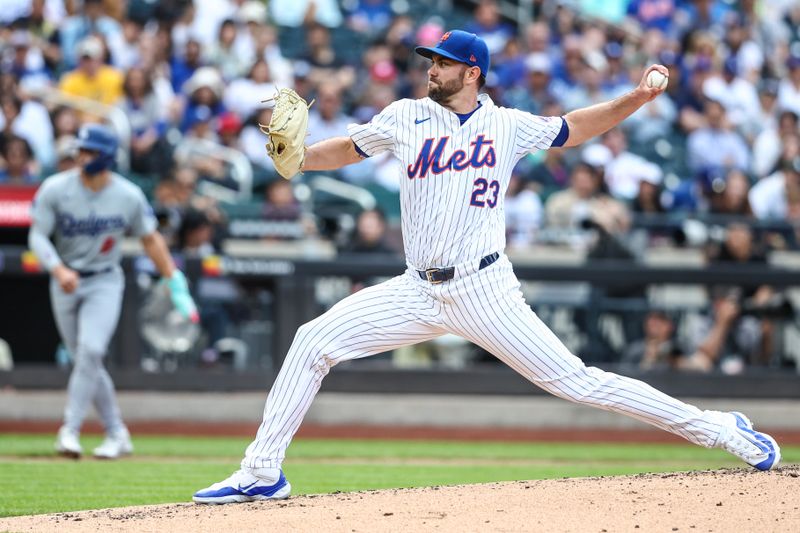 May 29, 2024; New York City, New York, USA;  New York Mets starting pitcher David Peterson (23) pitches in the second inning against the Los Angeles Dodgers at Citi Field. Mandatory Credit: Wendell Cruz-USA TODAY Sports