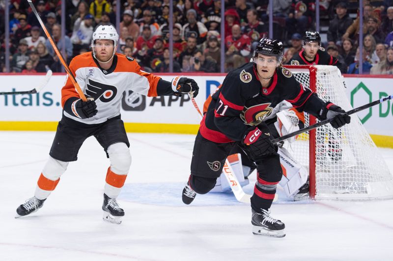 Oct 23, 2025; Ottawa, Ontario, CAN; Philadelphia Flyers defenseman Cam York (8) and Ottawa Senators center Ridly Greig (71) follow the puck in the first period at the Canadian Tire Centre. Mandatory Credit: Marc DesRosiers-IMAGN Images