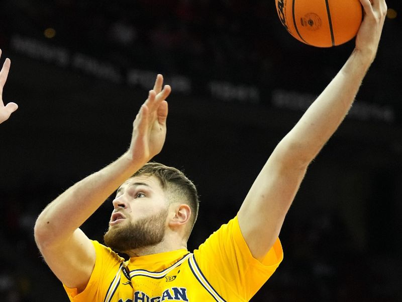 Feb 14, 2023; Madison, Wisconsin, USA;  Michigan Wolverines center Hunter Dickinson (1) scores a basket during the first half against the Wisconsin Badgers at the Kohl Center. Mandatory Credit: Kayla Wolf-USA TODAY Sports