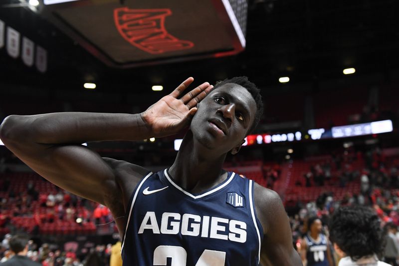 Jan 13, 2024; Las Vegas, Nevada, USA; Utah State Aggies forward Kalifa Sakho (34) gestures to the fans after defeating the UNLV Rebels at Thomas & Mack Center. Mandatory Credit: Candice Ward-USA TODAY Sports