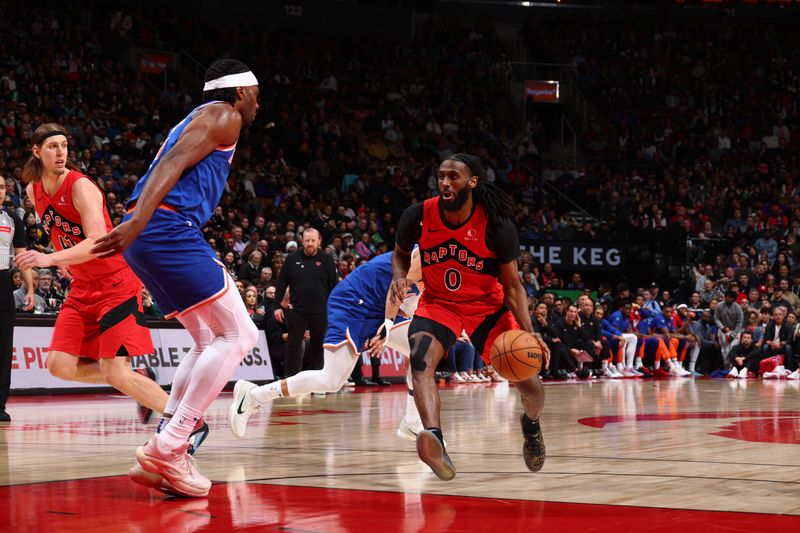 TORONTO, CANADA - MARCH 27: Javon Freeman-Liberty #0 of the Toronto Raptors dribbles the ball during the game against the New York Knicks on March 27, 2024 at the Scotiabank Arena in Toronto, Ontario, Canada.  NOTE TO USER: User expressly acknowledges and agrees that, by downloading and or using this Photograph, user is consenting to the terms and conditions of the Getty Images License Agreement.  Mandatory Copyright Notice: Copyright 2024 NBAE (Photo by Vaughn Ridley/NBAE via Getty Images)