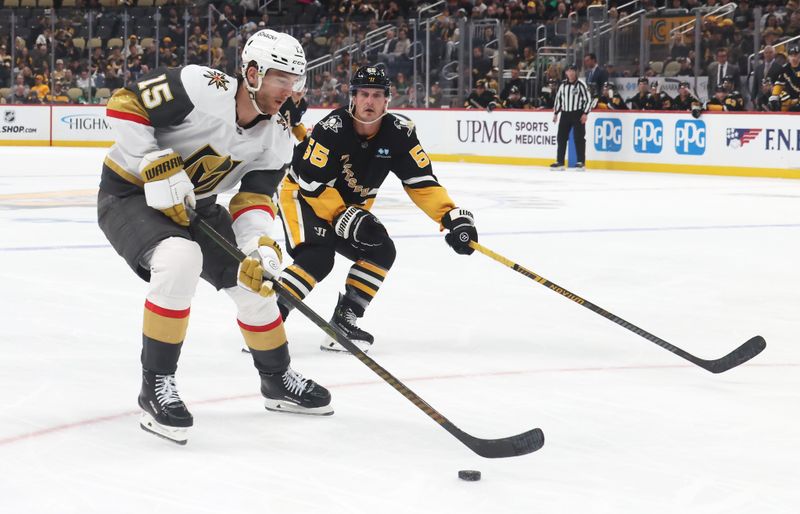 Mar 11, 2025; Pittsburgh, Pennsylvania, USA;  Vegas Golden Knights defenseman Noah Hanifin (15) moves the puck against Pittsburgh Penguins center Noel Acciari (55) during the third period at PPG Paints Arena. Mandatory Credit: Charles LeClaire-Imagn Images