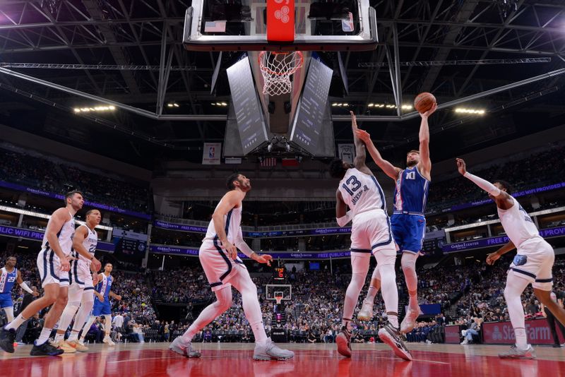 SACRAMENTO, CA - MARCH 18: Domantas Sabonis #10 of the Sacramento Kings shoots the ball during the game against the Memphis Grizzlies on March 18, 2024 at Golden 1 Center in Sacramento, California. NOTE TO USER: User expressly acknowledges and agrees that, by downloading and or using this Photograph, user is consenting to the terms and conditions of the Getty Images License Agreement. Mandatory Copyright Notice: Copyright 2024 NBAE (Photo by Rocky Widner/NBAE via Getty Images)