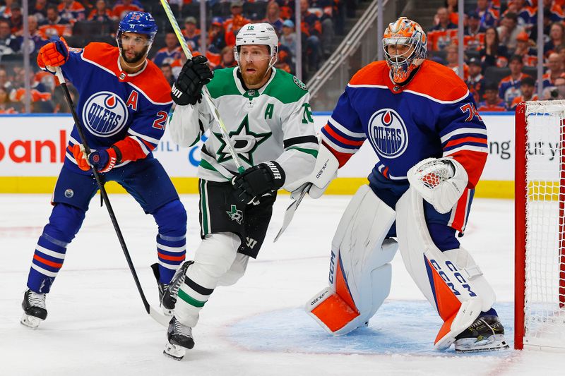 May 27, 2024; Edmonton, Alberta, CAN;   Dallas Stars forward Joe Pavelski (16) tries to screen Edmonton Oilers goaltender Stuart Skinner (74) during the second period in game three of the Western Conference Final of the 2024 Stanley Cup Playoffs at Rogers Place. Mandatory Credit: Perry Nelson-USA TODAY Sports