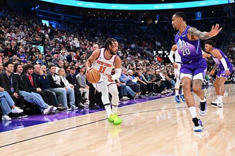 SALT LAKE CITY, UT - NOVEMBER 23: Jalen Brunson #11 of the New York Knicks handles the ball during the game against the Utah Jazz on November 23, 2024 at Delta Center in Salt Lake City, Utah. NOTE TO USER: User expressly acknowledges and agrees that, by downloading and or using this Photograph, User is consenting to the terms and conditions of the Getty Images License Agreement. Mandatory Copyright Notice: Copyright 2024 NBAE (Photo by Jamie Sabau/NBAE via Getty Images)