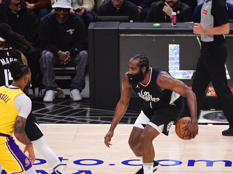 LOS ANGELES, CA - FEBRUARY 28:  James Harden #1 of the LA Clippers handles the ball during the game on February 28, 2024 at Crypto.Com Arena in Los Angeles, California. NOTE TO USER: User expressly acknowledges and agrees that, by downloading and/or using this Photograph, user is consenting to the terms and conditions of the Getty Images License Agreement. Mandatory Copyright Notice: Copyright 2024 NBAE (Photo by Adam Pantozzi/NBAE via Getty Images)