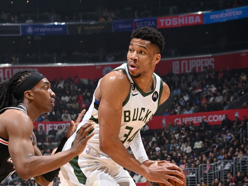 LOS ANGELES, CA - FEBRUARY 10: Giannis Antetokounmpo #34 of the Milwaukee Bucks dribbles the ball during the game against the LA Clippers on February 10, 2023 at Crypto.Com Arena in Los Angeles, California. NOTE TO USER: User expressly acknowledges and agrees that, by downloading and/or using this Photograph, user is consenting to the terms and conditions of the Getty Images License Agreement. Mandatory Copyright Notice: Copyright 2023 NBAE (Photo by Andrew D. Bernstein/NBAE via Getty Images)