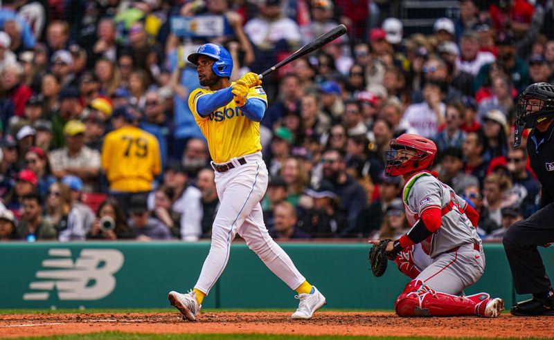 Apr 14, 2024; Boston, Massachusetts, USA; Boston Red Sox second baseman Pablo Reyes (19) hits a double to drive in a run against the Los Angeles Angels in the fifth inning at Fenway Park. Mandatory Credit: David Butler II-USA TODAY Sports