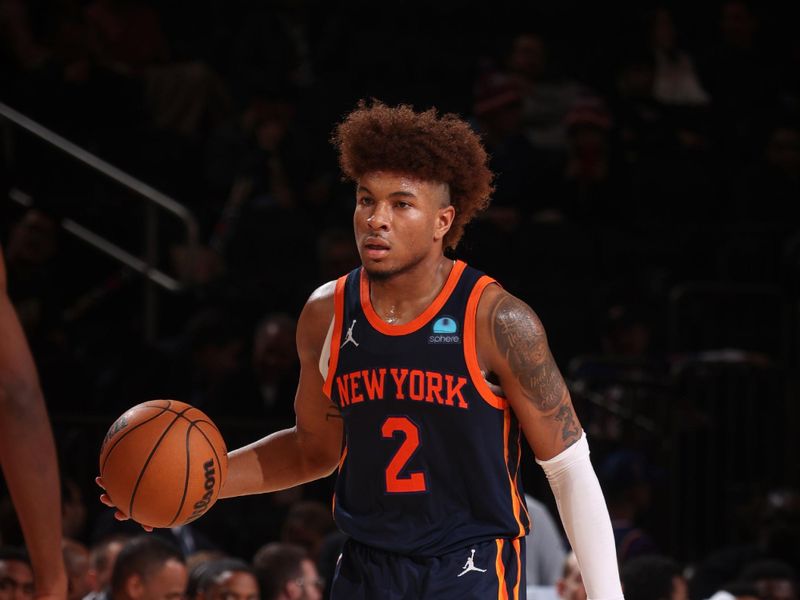 NEW YORK, NY - FEBRUARY 27:  Miles McBride #2 of the New York Knicks handles the ball during the game  on February 27, 2024 at Madison Square Garden in New York City, New York.  NOTE TO USER: User expressly acknowledges and agrees that, by downloading and or using this photograph, User is consenting to the terms and conditions of the Getty Images License Agreement. Mandatory Copyright Notice: Copyright 2024 NBAE  (Photo by Nathaniel S. Butler/NBAE via Getty Images)