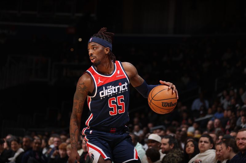 WASHINGTON, DC -? FEBRUARY 7: Delon Wright #55 of the Washington Wizards handles the ball during the game against the Cleveland Cavaliers on February 7, 2024 at Capital One Arena in Washington, DC. NOTE TO USER: User expressly acknowledges and agrees that, by downloading and or using this Photograph, user is consenting to the terms and conditions of the Getty Images License Agreement. Mandatory Copyright Notice: Copyright 2024 NBAE (Photo by Stephen Gosling/NBAE via Getty Images)