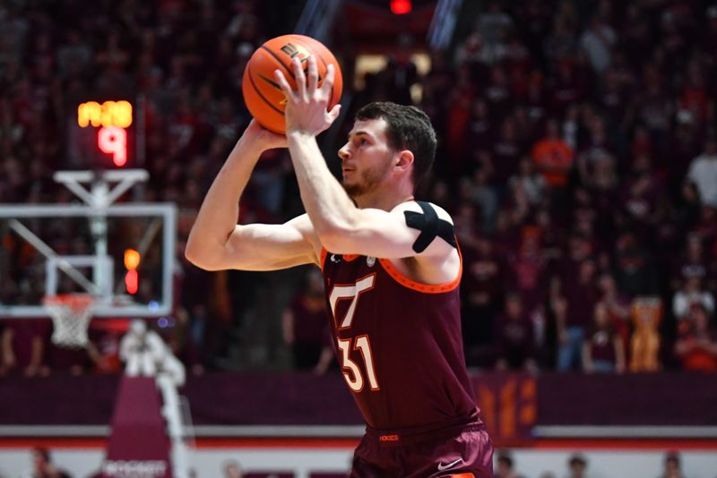 Feb 19, 2024; Blacksburg, Virginia, USA; Virginia Tech Hokies forward Robbie Beran (31) shoots a jump shot during the second half at Cassell Coliseum. Mandatory Credit: Brian Bishop-USA TODAY Sports