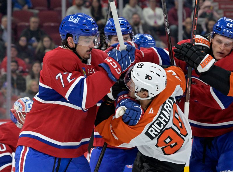 Sep 23, 2024; Montreal, Quebec, CAN; Montreal Canadiens defenseman Arber Xhekaj (72) hits Philadelphia Flyers forward Anthony Richard (90) during the first period at the Bell Centre. Mandatory Credit: Eric Bolte-Imagn Images