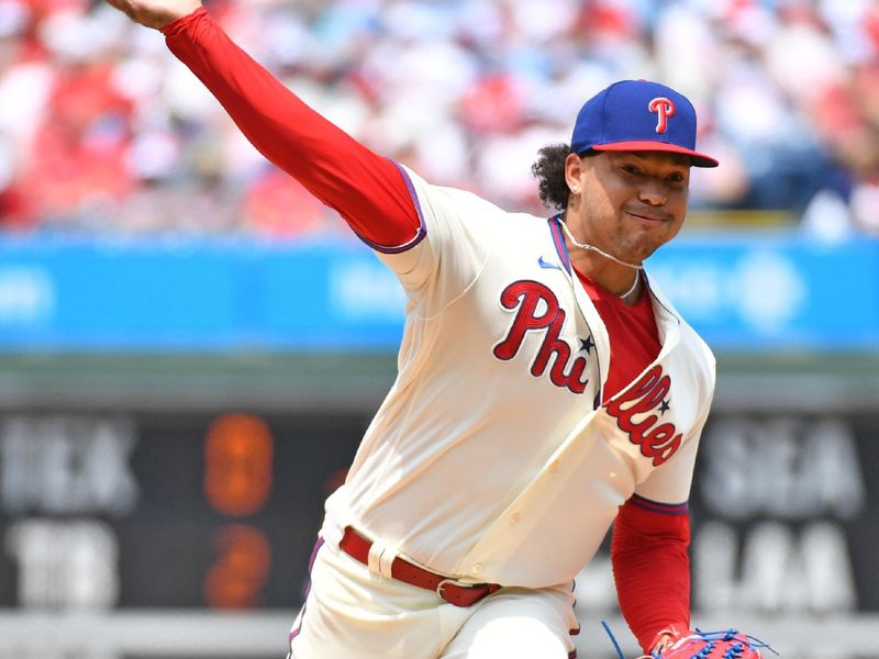 Jun 11, 2023; Philadelphia, Pennsylvania, USA; Philadelphia Phillies starting pitcher Taijuan Walker (99) throws a pitch during the second inning against the Los Angeles Dodgers at Citizens Bank Park. Mandatory Credit: Eric Hartline-USA TODAY Sports