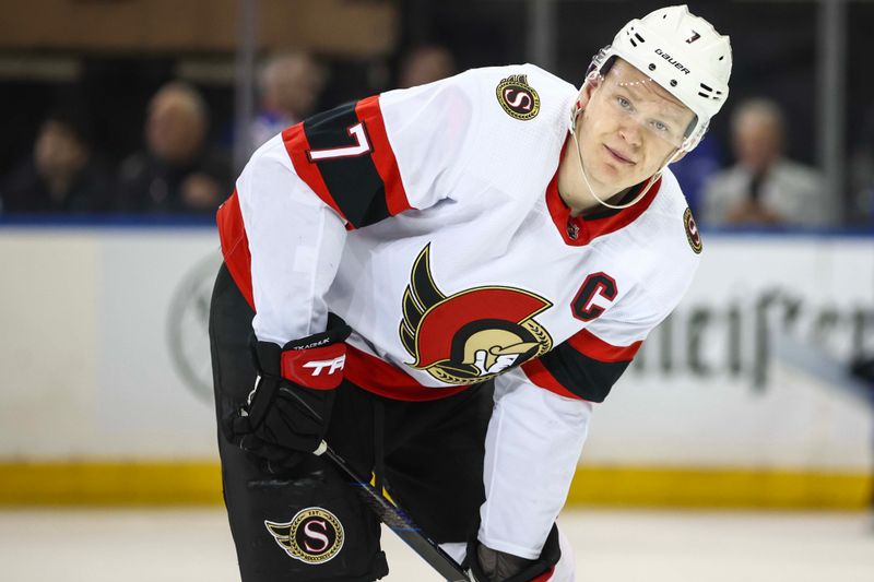 Apr 15, 2024; New York, New York, USA;  Ottawa Senators left wing Brady Tkachuk (7) prepares for a face-off in the second period against the New York Rangers at Madison Square Garden. Mandatory Credit: Wendell Cruz-USA TODAY Sports