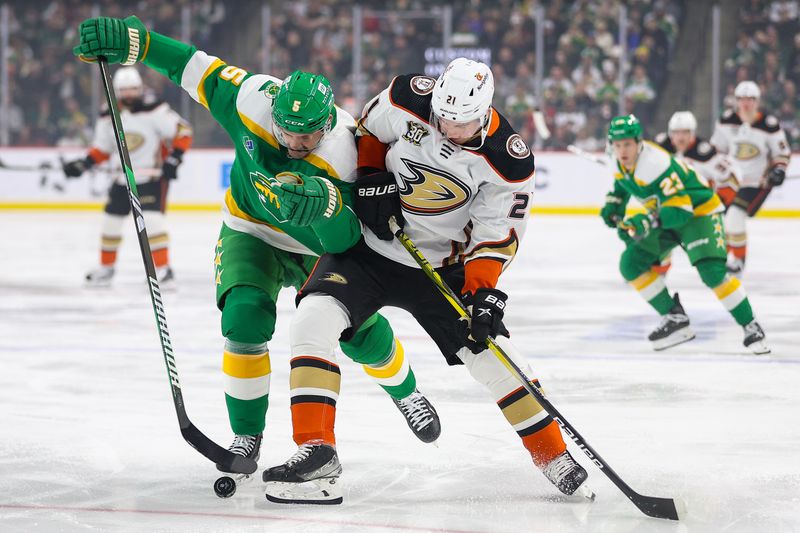 Jan 27, 2024; Saint Paul, Minnesota, USA; Minnesota Wild defenseman Jake Middleton (5) and Anaheim Ducks center Isac Lundestrom (21) compete for the puck during the first period at Xcel Energy Center. Mandatory Credit: Matt Krohn-USA TODAY Sports