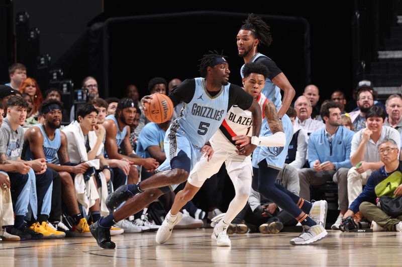 MEMPHIS, TN - MARCH 2: Vince Williams Jr. #5 of the Memphis Grizzlies dribbles the ball during the game against the Portland Trail Blazers on March 2, 2024 at FedExForum in Memphis, Tennessee. NOTE TO USER: User expressly acknowledges and agrees that, by downloading and or using this photograph, User is consenting to the terms and conditions of the Getty Images License Agreement. Mandatory Copyright Notice: Copyright 2024 NBAE (Photo by Joe Murphy/NBAE via Getty Images)