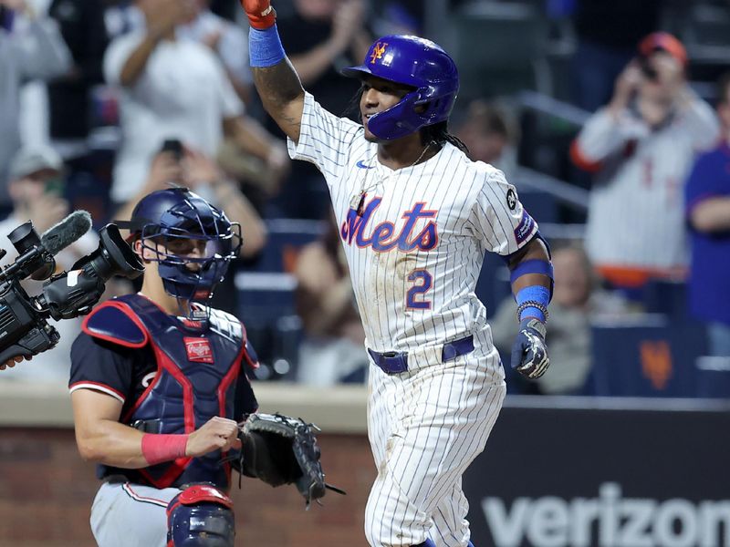 Sep 18, 2024; New York City, New York, USA; New York Mets shortstop Luisangel Acuna (2) celebrates his solo home run against the Washington Nationals during the eighth inning at Citi Field. Mandatory Credit: Brad Penner-Imagn Images