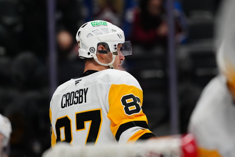 Mar 4, 2025; Denver, Colorado, USA; Pittsburgh Penguins center Sidney Crosby (87) before the game against the Colorado Avalanche at Ball Arena. Mandatory Credit: Ron Chenoy-Imagn Images