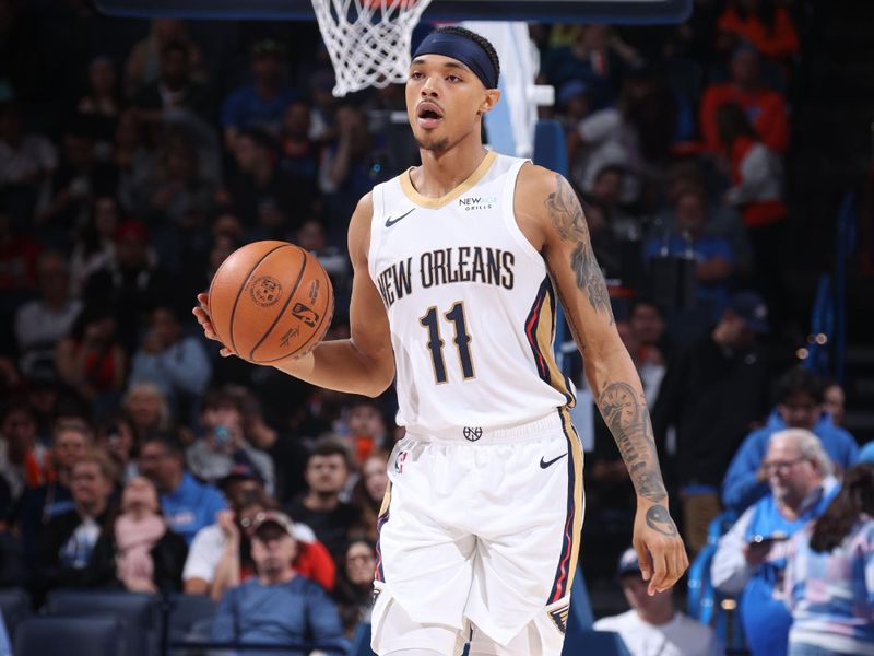 OKLAHOMA CITY, OK - NOVEMBER 13: Brandon Boston Jr. #11 of the New Orleans Pelicans dribbles the ball during the game against the Oklahoma City Thunder on November 13, 2024 at Paycom Center in Oklahoma City, Oklahoma. NOTE TO USER: User expressly acknowledges and agrees that, by downloading and or using this photograph, User is consenting to the terms and conditions of the Getty Images License Agreement. Mandatory Copyright Notice: Copyright 2024 NBAE (Photo by Nathaniel S. Butler/NBAE via Getty Images)