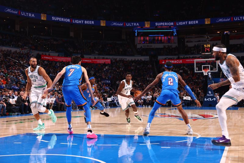 OKLAHOMA CITY, OK - JANUARY 29: Anthony Edwards #5 of the Minnesota Timberwolves handles the ball during the game against the Oklahoma City Thunder on January 29, 2024 at Paycom Arena in Oklahoma City, Oklahoma. NOTE TO USER: User expressly acknowledges and agrees that, by downloading and or using this photograph, User is consenting to the terms and conditions of the Getty Images License Agreement. Mandatory Copyright Notice: Copyright 2024 NBAE (Photo by Zach Beeker/NBAE via Getty Images)