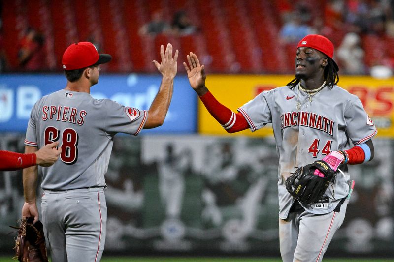 Sep 29, 2023; St. Louis, Missouri, USA;  Cincinnati Reds shortstop Elly De La Cruz (44) and relief pitcher Carson Spiers (68) celebrate after the Reds defeated the St. Louis Cardinals at Busch Stadium. Mandatory Credit: Jeff Curry-USA TODAY Sports
