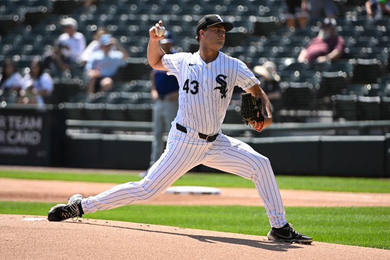 Aug 29, 2024; Chicago, Illinois, USA;  Chicago White Sox pitcher Nick Nastrini (43) delivers against the Texas Rangers during the first inning at Guaranteed Rate Field. Mandatory Credit: Matt Marton-USA TODAY Sports