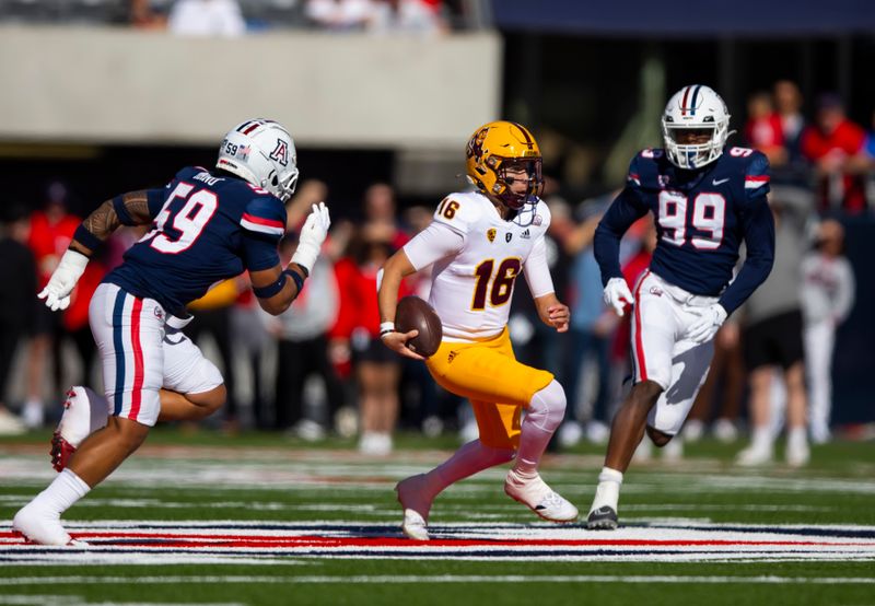 Nov 25, 2022; Tucson, Arizona, USA; Arizona State Sun Devils quarterback Trenton Bourguet (16) runs the ball against the Arizona Wildcats in the first half of the Territorial Cup at Arizona Stadium. Mandatory Credit: Mark J. Rebilas-USA TODAY Sports