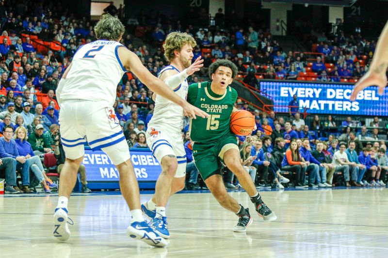 Jan 9, 2024; Boise, Idaho, USA; Colorado State Rams guard Jalen Lake (15) drives the ball against against the Boise State Broncos during the first half at ExtraMile Arena. Mandatory Credit: Brian Losness-USA TODAY Sports
