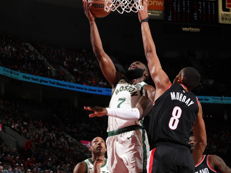 PORTLAND, OR - MARCH 11: Jaylen Brown #7 of the Boston Celtics drives to the basket during the game against the Portland Trail Blazers on March 11, 2024 at the Moda Center Arena in Portland, Oregon. NOTE TO USER: User expressly acknowledges and agrees that, by downloading and or using this photograph, user is consenting to the terms and conditions of the Getty Images License Agreement. Mandatory Copyright Notice: Copyright 2024 NBAE (Photo by Cameron Browne/NBAE via Getty Images)