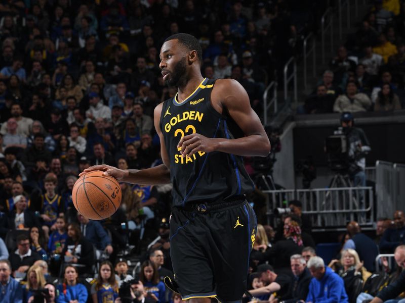 SAN FRANCISCO, CA - NOVEMBER 15: Andrew Wiggins #22 of the Golden State Warriors dribbles the ball during the game against the Memphis Grizzlies during the Emirates NBA Cup game on November 15, 2024 at Chase Center in San Francisco, California. NOTE TO USER: User expressly acknowledges and agrees that, by downloading and or using this photograph, user is consenting to the terms and conditions of Getty Images License Agreement. Mandatory Copyright Notice: Copyright 2024 NBAE (Photo by Noah Graham/NBAE via Getty Images)