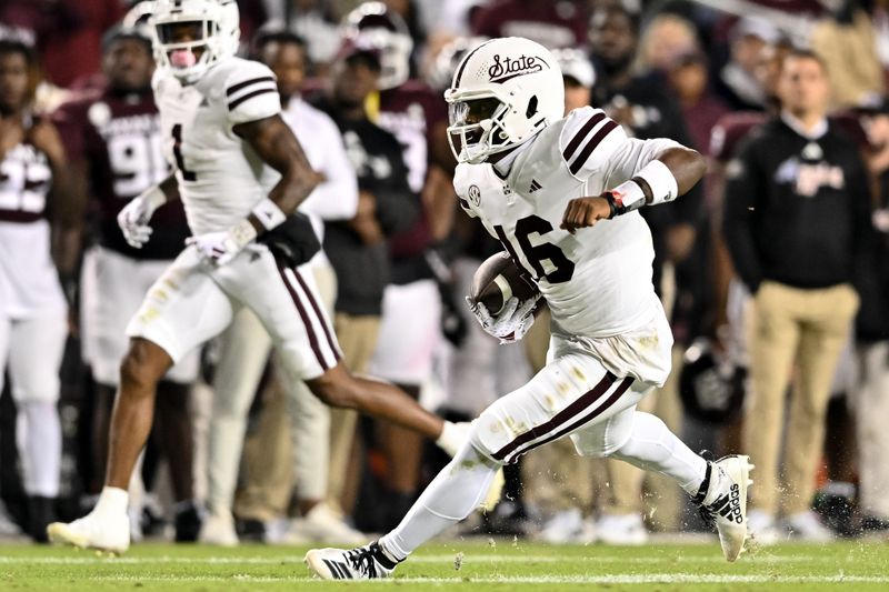 Nov 11, 2023; College Station, Texas, USA; Mississippi State Bulldogs quarterback Chris Parson (16) runs the ball during the fourth quarter against the Texas A&M Aggies at Kyle Field. Mandatory Credit: Maria Lysaker-USA TODAY Sports