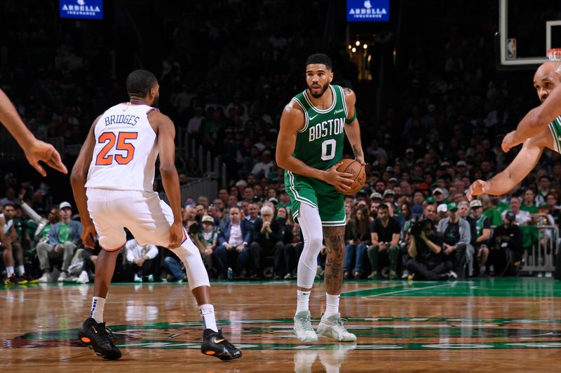 BOSTON, MA - OCTOBER 22: Jayson Tatum #0 of the Boston Celtics handles the ball during the game against the New York Knicks on October 22, 2024 at TD Garden in Boston, Massachusetts. NOTE TO USER: User expressly acknowledges and agrees that, by downloading and/or using this Photograph, user is consenting to the terms and conditions of the Getty Images License Agreement. Mandatory Copyright Notice: Copyright 2024 NBAE (Photo by Brian Babineau/NBAE via Getty Images)