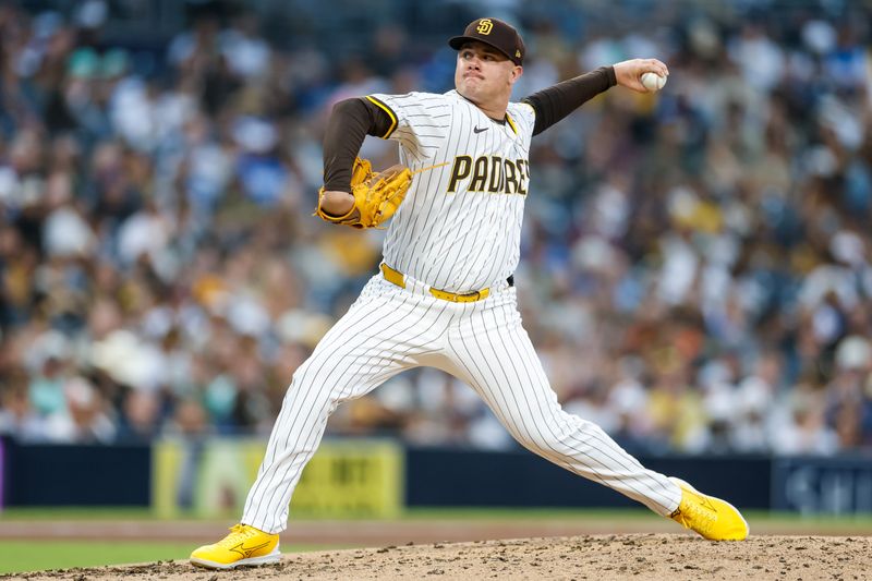 Jun 24, 2025; San Diego, California, USA; San Diego Padres relief pitcher Adrian Morejon (50) throws a pitch during the fourth inning against the Washington Nationals at Petco Park. Mandatory Credit: David Frerker-Imagn Images