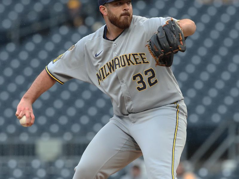 May 22, 2025; Pittsburgh, Pennsylvania, USA;  Milwaukee Brewers starting pitcher Aaron Civale (32) delivers a pitch against the Pittsburgh Pirates during the first inning at PNC Park. Mandatory Credit: Charles LeClaire-Imagn Images