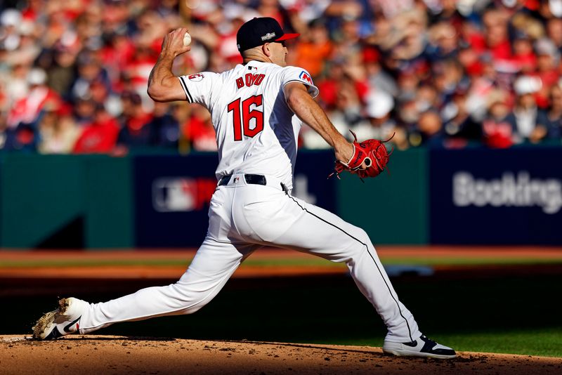 Oct 7, 2024; Cleveland, Ohio, USA; Cleveland Guardians pitcher Matthew Boyd (16) pitches during the second inning against the Detroit Tigers during game two of the ALDS for the 2024 MLB Playoffs at Progressive Field. Mandatory Credit: Scott Glavin-Imagn Images