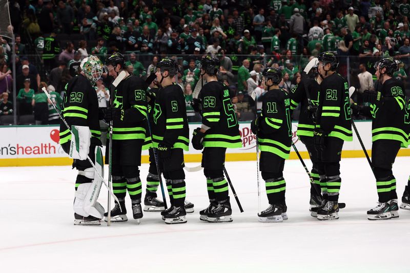 Apr 13, 2024; Dallas, Texas, USA; The Dallas Stars celebrate winning the game against the Seattle Kraken at American Airlines Center. Mandatory Credit: Tim Heitman-USA TODAY Sports