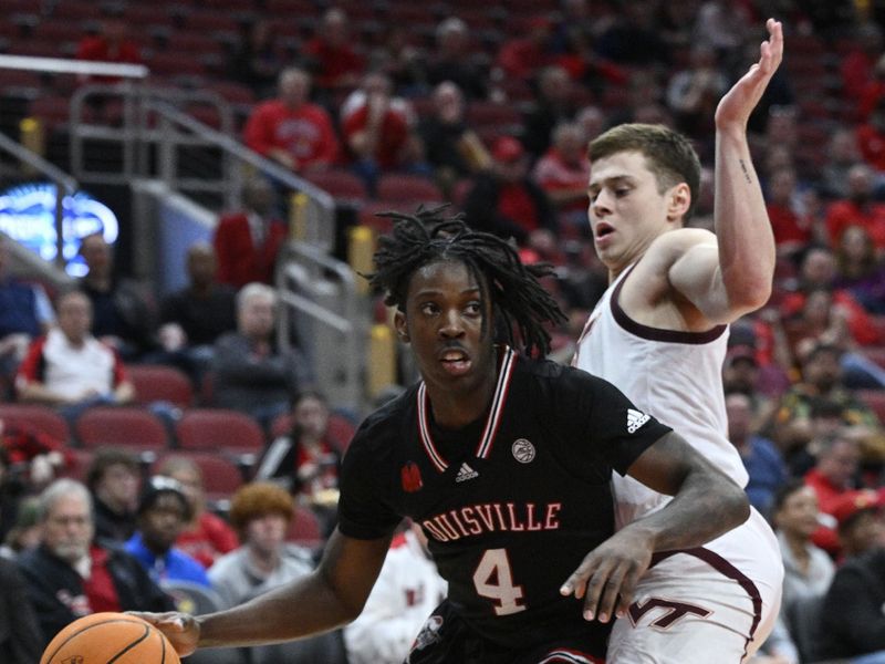 Mar 5, 2024; Louisville, Kentucky, USA; Louisville Cardinals guard Ty-Laur Johnson (4) dribbles against Virginia Tech Hokies guard Brandon Rechsteiner (10) during the second half at KFC Yum! Center. Virginia Tech defeated Louisville 80-64. Mandatory Credit: Jamie Rhodes-USA TODAY Sports