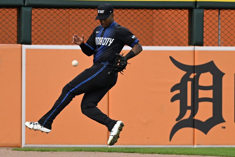 Aug 16, 2024; Detroit, Michigan, USA;  Detroit Tigers left fielder Justyn-Henry Malloy (44) runs down a double off the bat of New York Yankees second baseman Gleyber Torres (not pictured)  in the sixth inning at Comerica Park. Mandatory Credit: Lon Horwedel-USA TODAY Sports