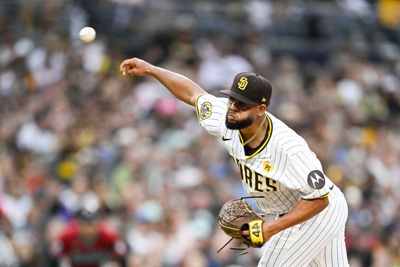 Jun 6, 2024; San Diego, California, USA; San Diego Padres starting pitcher Randy Vasquez (98) delivers during the first inning against the Arizona Diamondbacks at Petco Park. Mandatory Credit: Denis Poroy-USA TODAY Sports at Petco Park. 