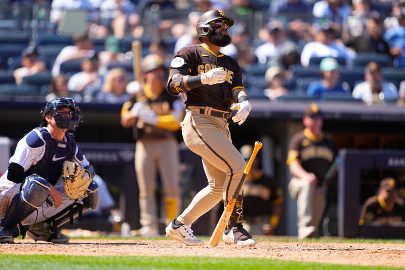 May 28, 2023; Bronx, New York, USA; San Diego Padres second baseman Rougned Odor (24) watches his two-run home run against the New York Yankees during the seventh inning at Yankee Stadium. Mandatory Credit: Gregory Fisher-USA TODAY Sports