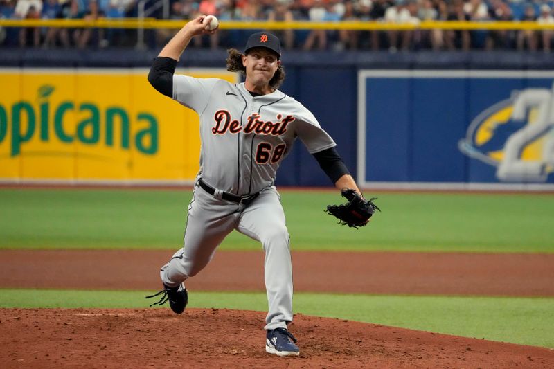 Apr 2, 2023; St. Petersburg, Florida, USA; Detroit Tigers relief pitcher Jason Foley (68) throws a pitch against the Tampa Bay Rays during the sixth inning at Tropicana Field. Mandatory Credit: Dave Nelson-USA TODAY Sports