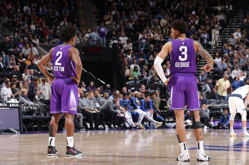 SALT LAKE CITY, UT - NOVEMBER 14: Collin Sexton #2 and Keyonte George #3 of the Utah Jazz talk during the game against the Dallas Mavericks on November 14, 2024 at Delta Center in Salt Lake City, Utah. NOTE TO USER: User expressly acknowledges and agrees that, by downloading and or using this Photograph, User is consenting to the terms and conditions of the Getty Images License Agreement. Mandatory Copyright Notice: Copyright 2024 NBAE (Photo by Melissa Majchrzak/NBAE via Getty Images)