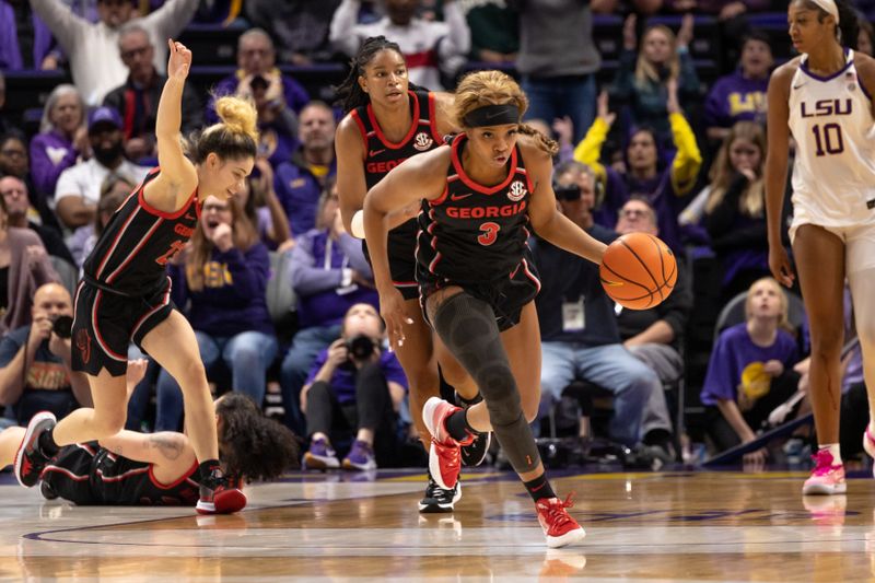 Feb 2, 2023; Baton Rouge, Louisiana, USA;  Georgia Lady Bulldogs guard Diamond Battles (3) dribbles against the LSU Lady Tigers during the second half at Pete Maravich Assembly Center. Mandatory Credit: Stephen Lew-USA TODAY Sports