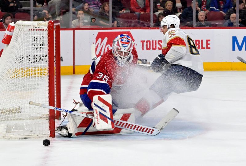 Apr 2, 2024; Montreal, Quebec, CAN; Montreal Canadiens goalie Sam Montembeault (35) makes a save against Florida Panthers forward Kevin Stenlund (82) during the third period at the Bell Centre. Mandatory Credit: Eric Bolte-USA TODAY Sports