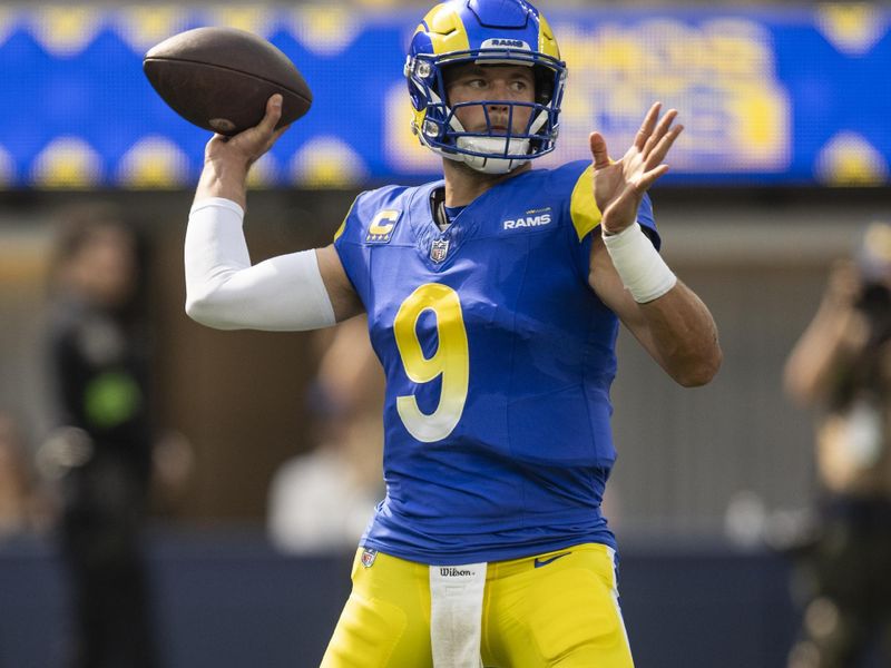 Los Angeles Rams quarterback Matthew Stafford (9) throws a pass during an NFL football game against the Arizona Cardinals, Sunday, Oct. 15, 2023, in Inglewood, Calif. (AP Photo/Kyusung Gong)